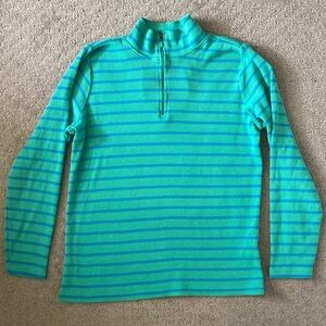 L.L. BEAN teal stripe quarter-zip cotton pullover, Medium.